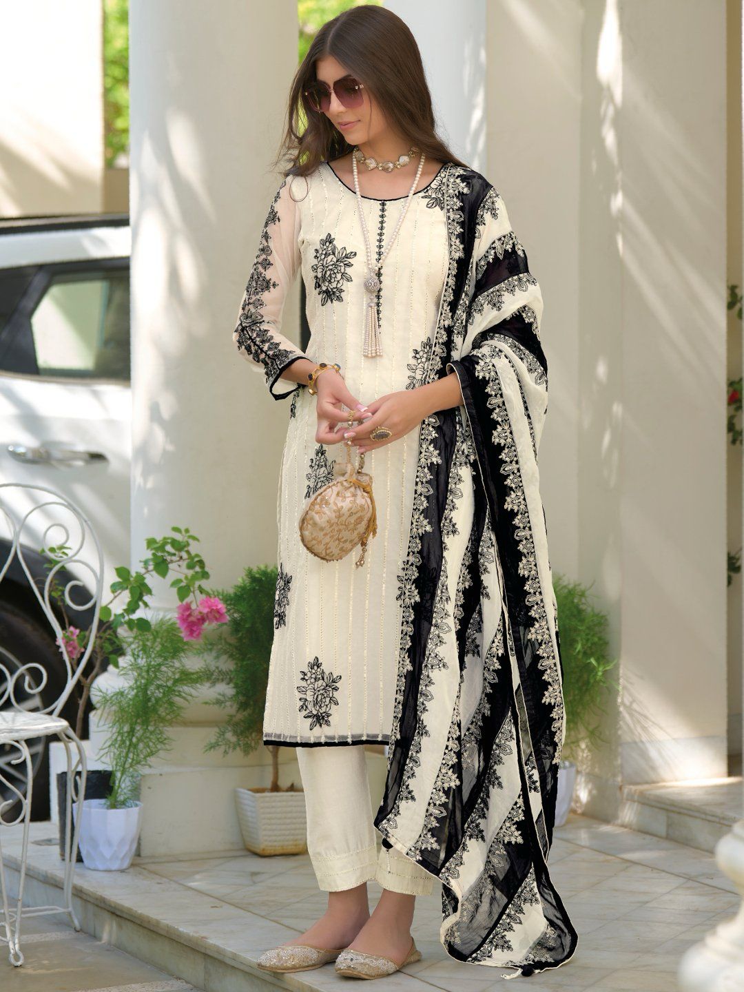 White & Black Organza Sequins Work Pakistani Suit