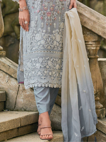 Grey Ombre Organza Embroidered Pakistani Suit