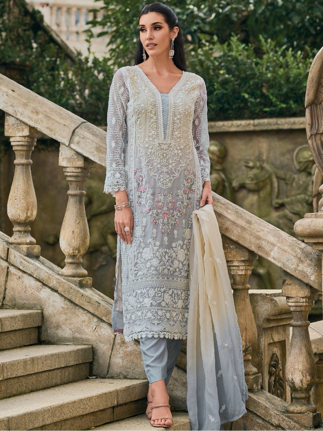 Grey Ombre Organza Embroidered Pakistani Suit