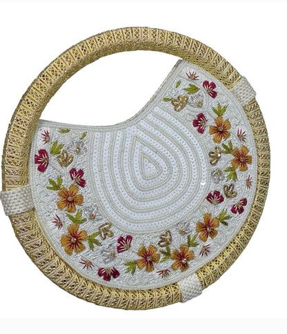 Women's White & Gold embroidered whirl round partywear clutch bag