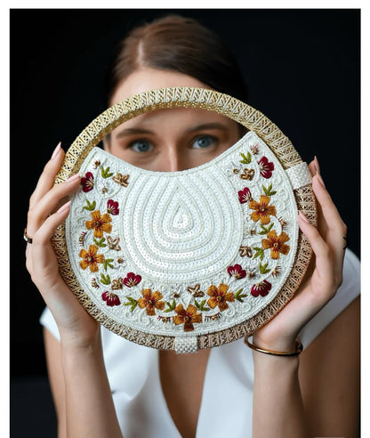 Women's White & Gold embroidered whirl round partywear clutch bag