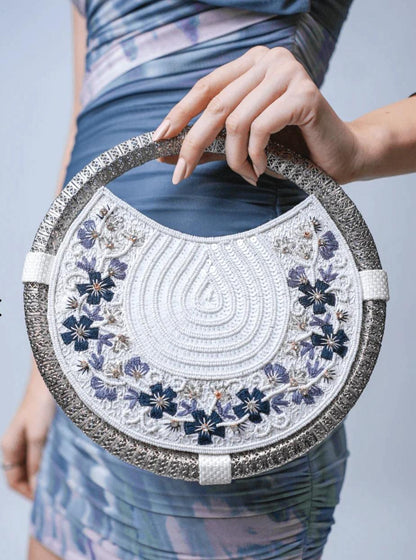 Women's White & Navy Blue embroidered whirl round partywear clutch bag