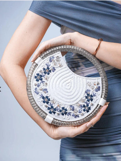 Women's White & Navy Blue embroidered whirl round partywear clutch bag