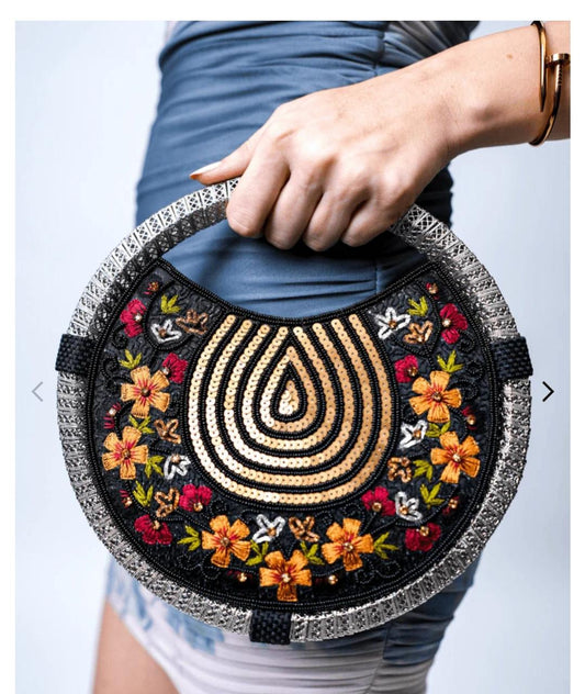 Women's Black & Gold embroidered whirl round partywear clutch bag