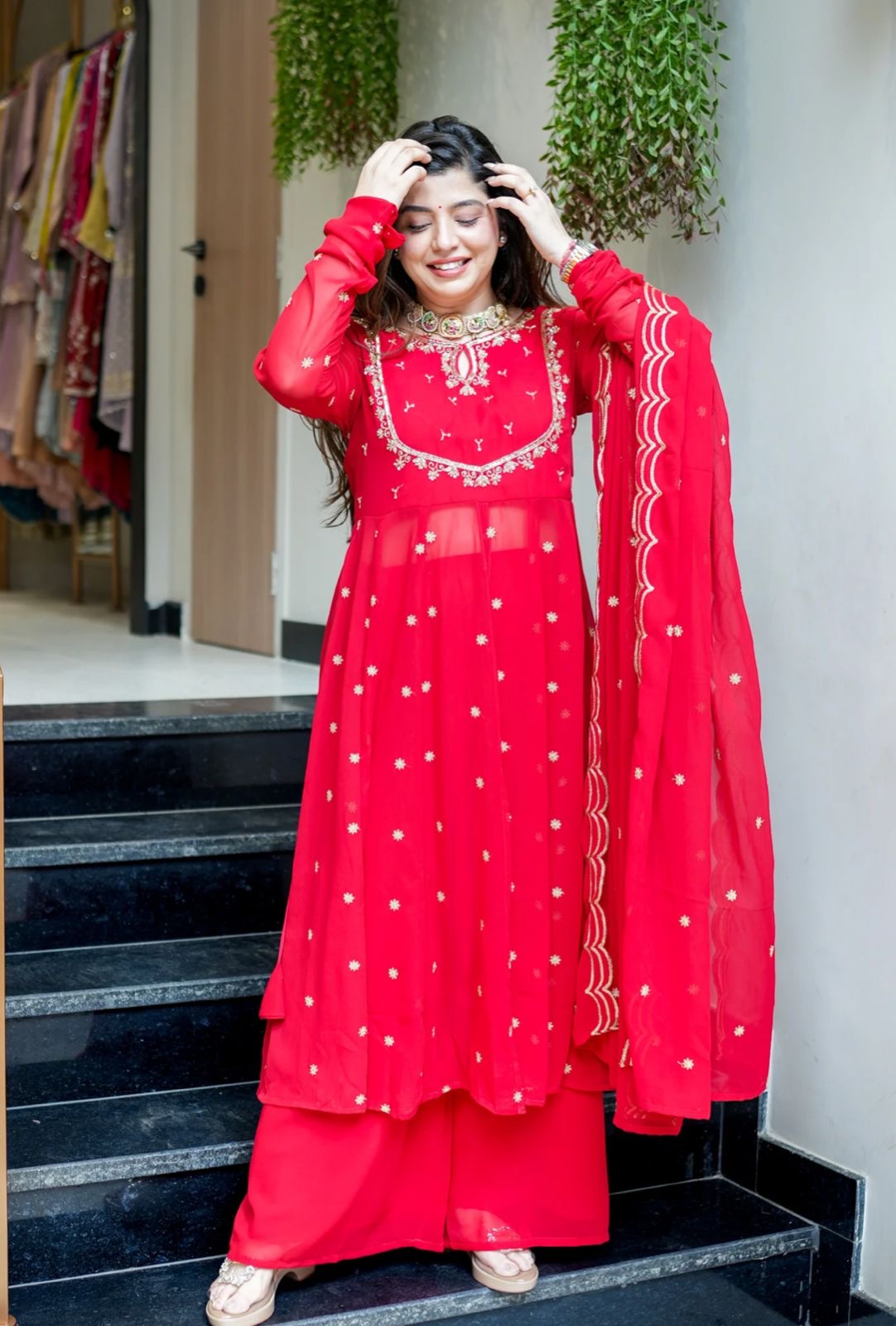 Red Designer Partywear Georgette Anarkali Suit With Hand Work
