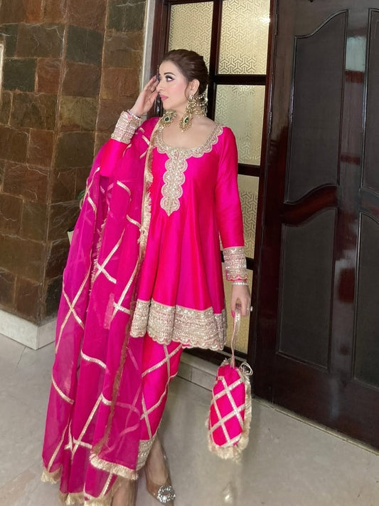 Hot Pink Designer Partywear Silk Short Anarkali Suit With Gota Work