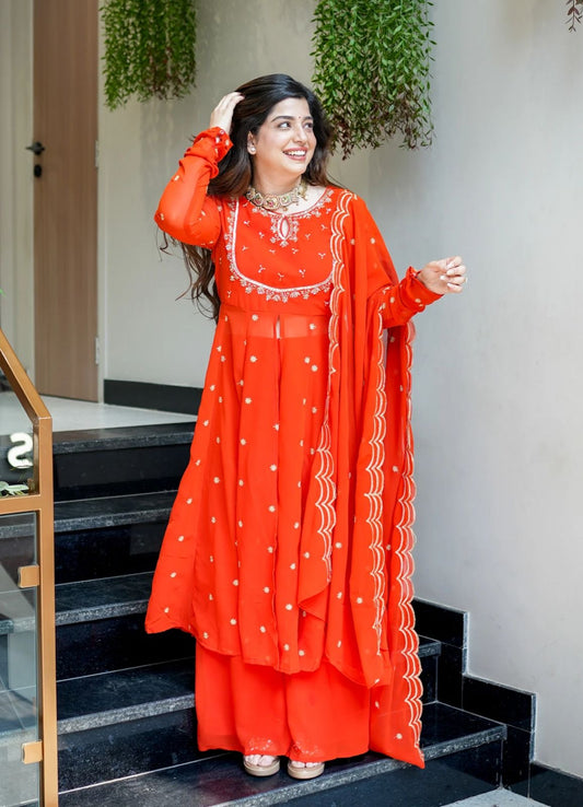 Orange Designer Partywear Georgette Anarkali Suit With Hand Work