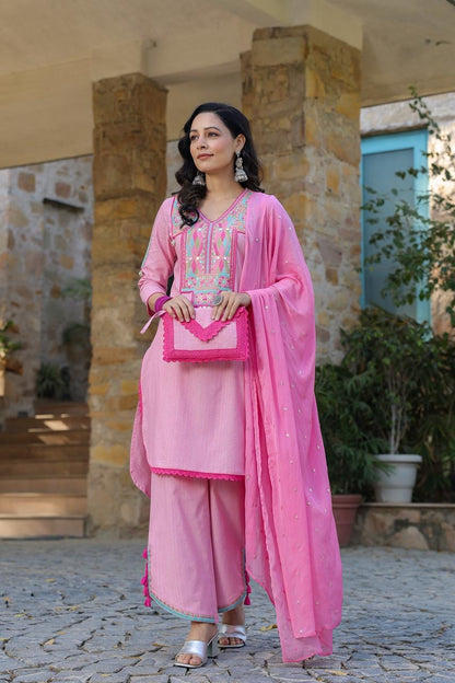 Pink Embroidered Cotton Suit With Complimentary Purse