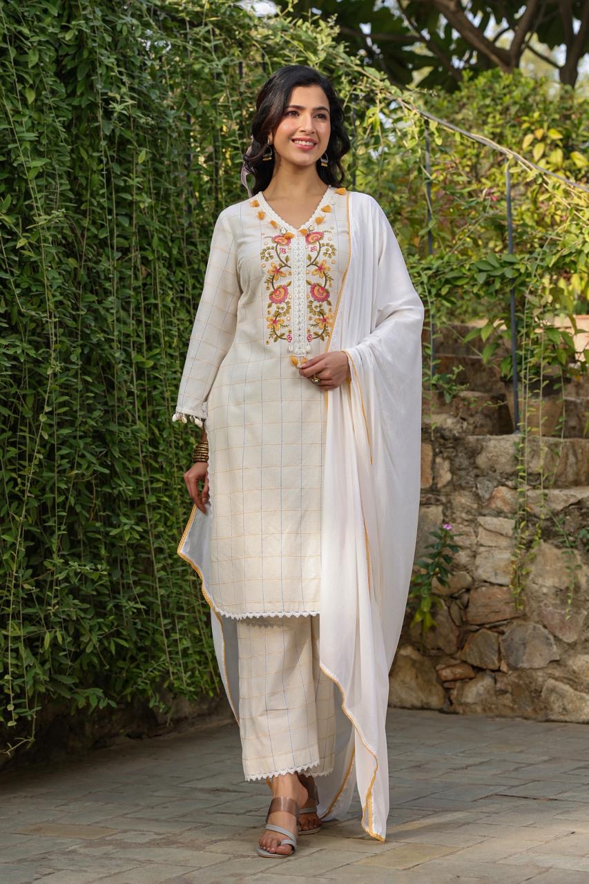 Women’s Cream Colour Pure Cotton Embroidered Designer Kurta Pant Set