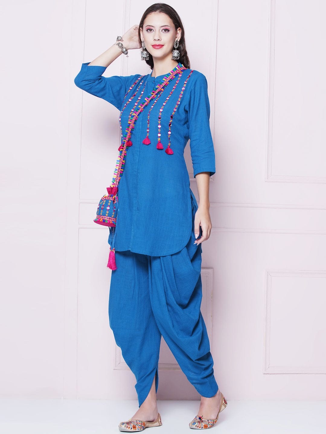 Blue Designer Mirror Work Embroidered Tunic With Dhoti Pants & Sling Potli