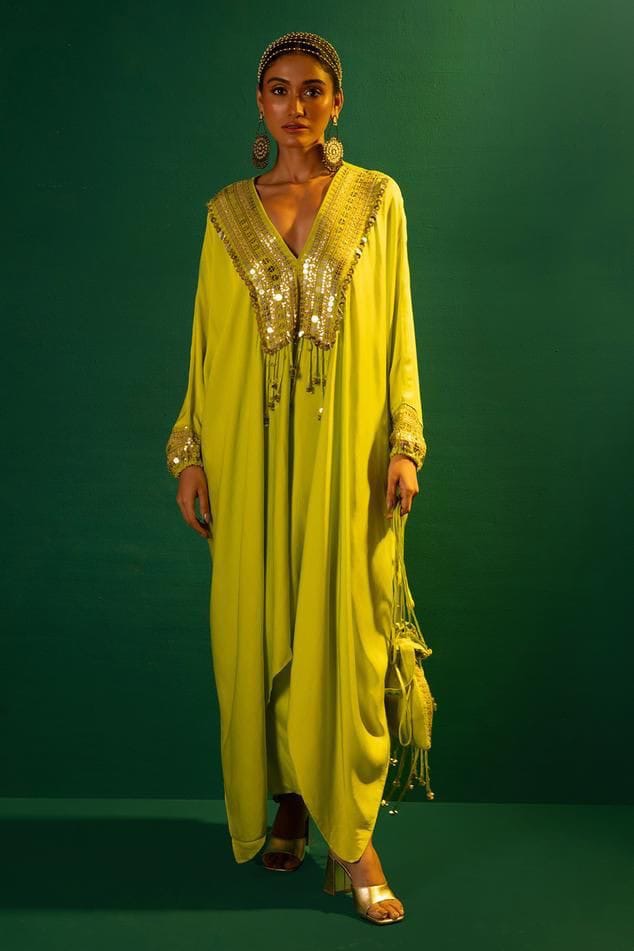 Neon Green Satin Crepe Kaftan Set With Zari Embroidery, Sequins Work And Matching Potli