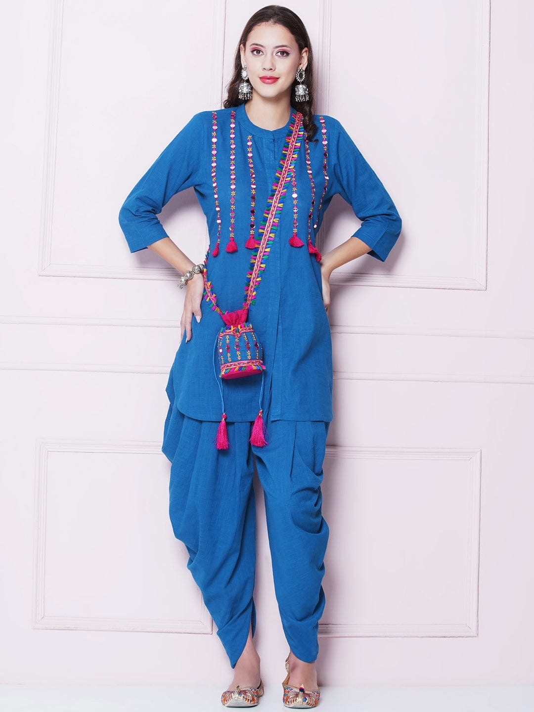 Blue Designer Mirror Work Embroidered Tunic With Dhoti Pants & Sling Potli