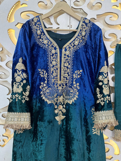 Designer Partywear Premium Dual Shade Velvet Kurta and Pant Set with Dupatta