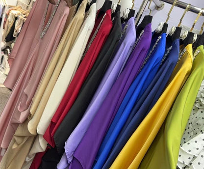 Imported Premium Satin Rhinestone Neckline Kaftan Dress