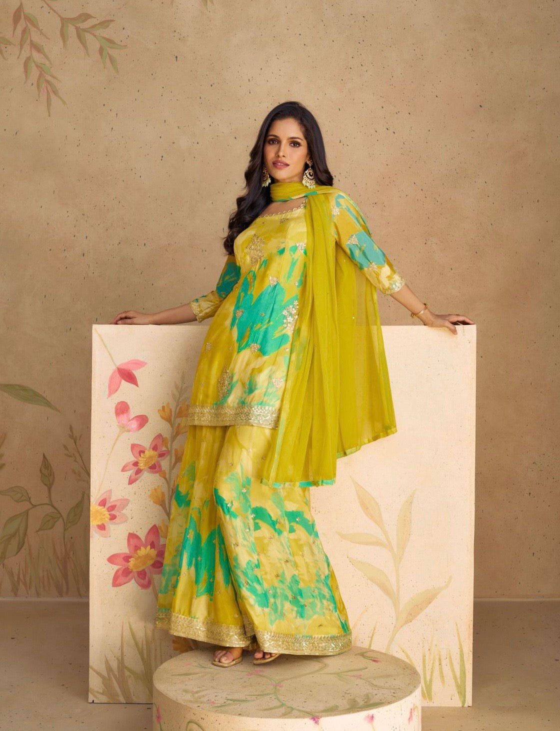 Digital Print pure chinon silk sharara suit