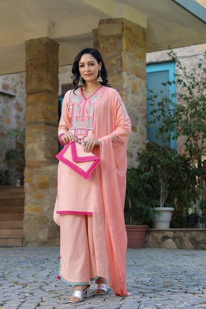 Peach Embroidered Cotton Suit With Complimentary Purse