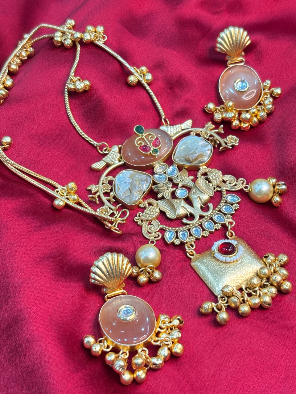 Partywear Designer Brass Base Chain Pendant Set With Earrings with Ghungroo