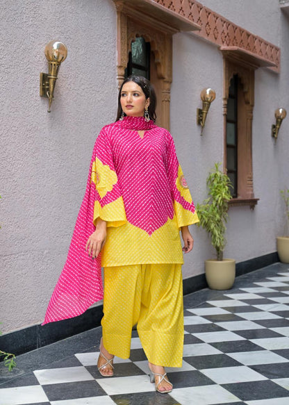 Designer Bandhej Flower Patch Pure Cotton Kurta With Farshi Salwar