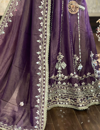 Designer Partywear Shimmer Tissue Anarkali Suit With Gota Patti And Mirror Work