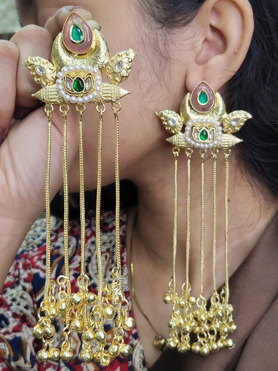 Partywear Designer Gold Polish Viral Kashmiri Earrings