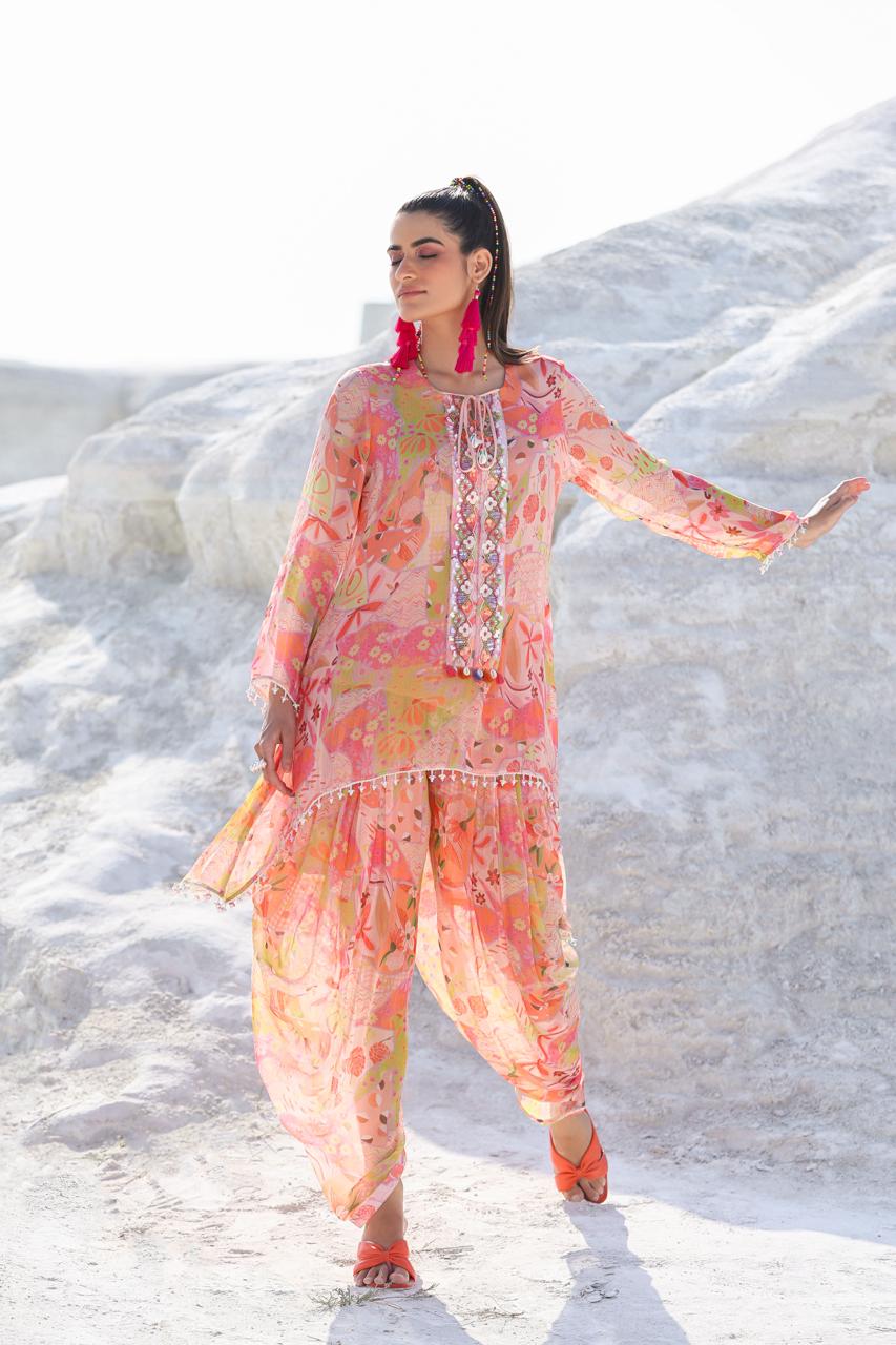 Peach Pure Chiffon Kurti With Tulip Pants