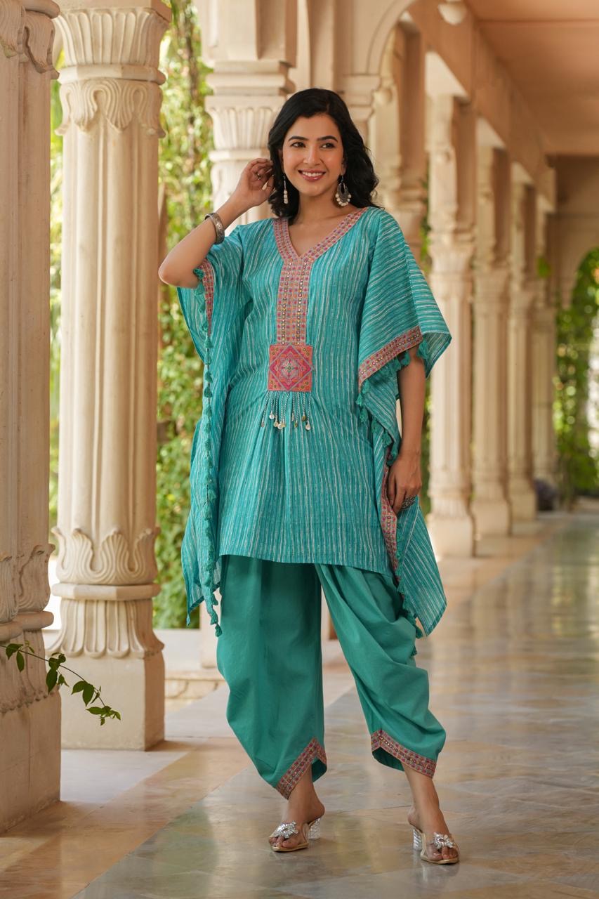 Fine Linen Cotton Embroidered Kaftan Style Coord Set