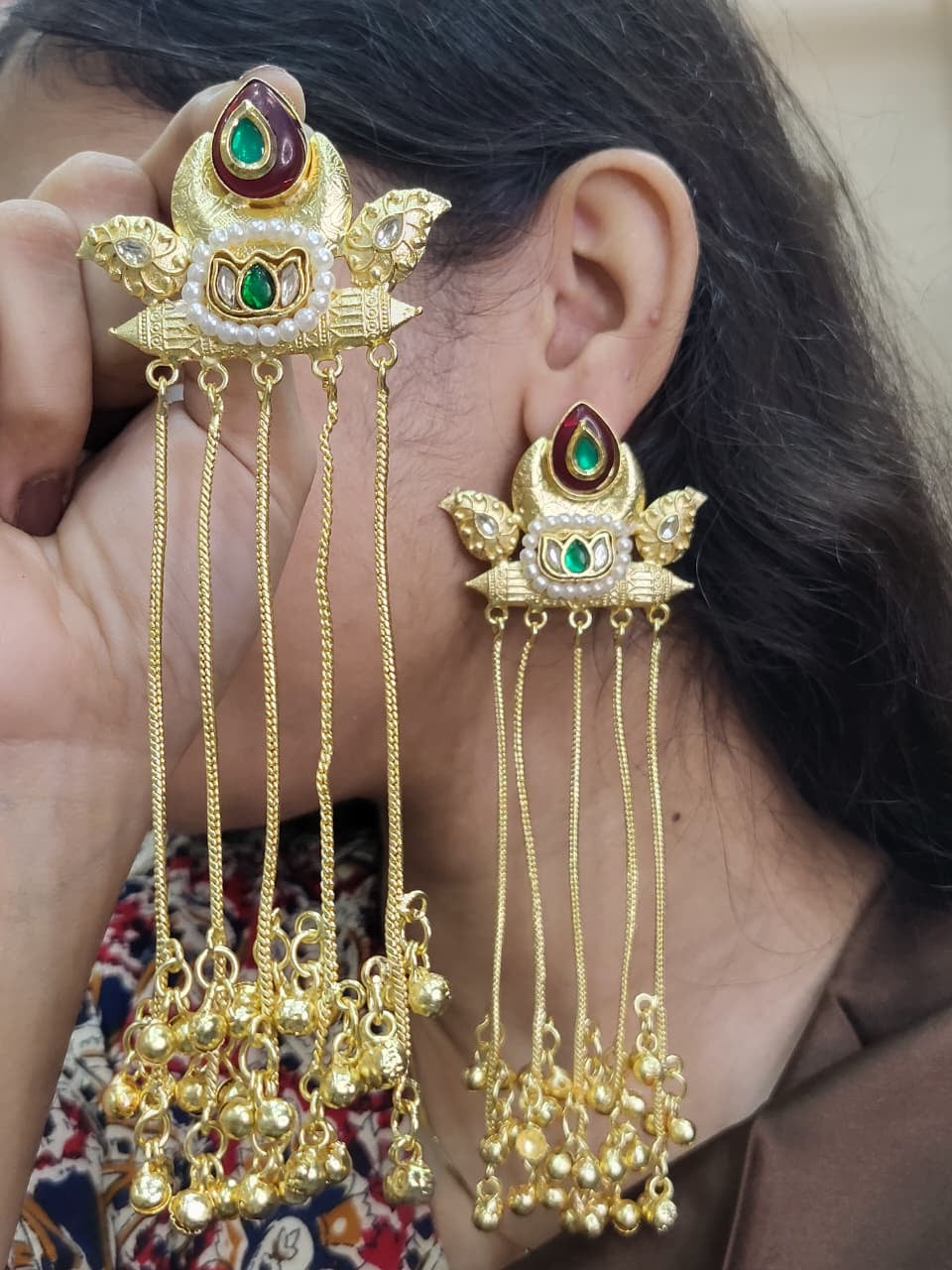 Partywear Designer Gold Polish Viral Kashmiri Earrings