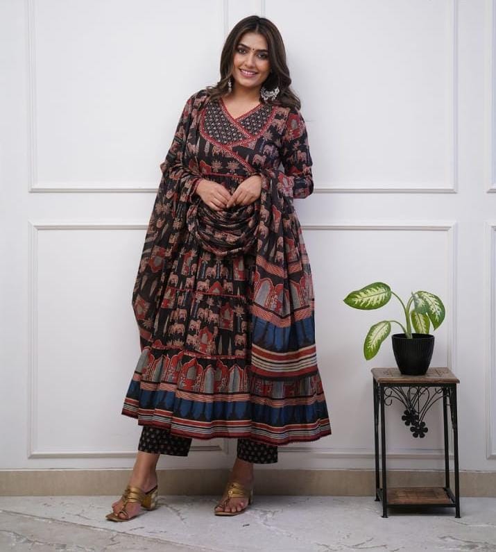 Printed Pure Cotton Anarkali Suit With Dupatta