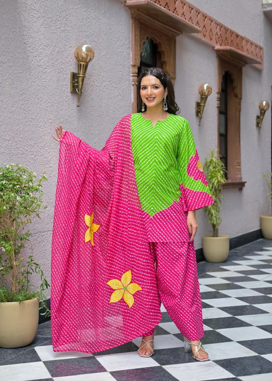 Designer Bandhej Flower Patch Pure Cotton Kurta With Farshi Salwar