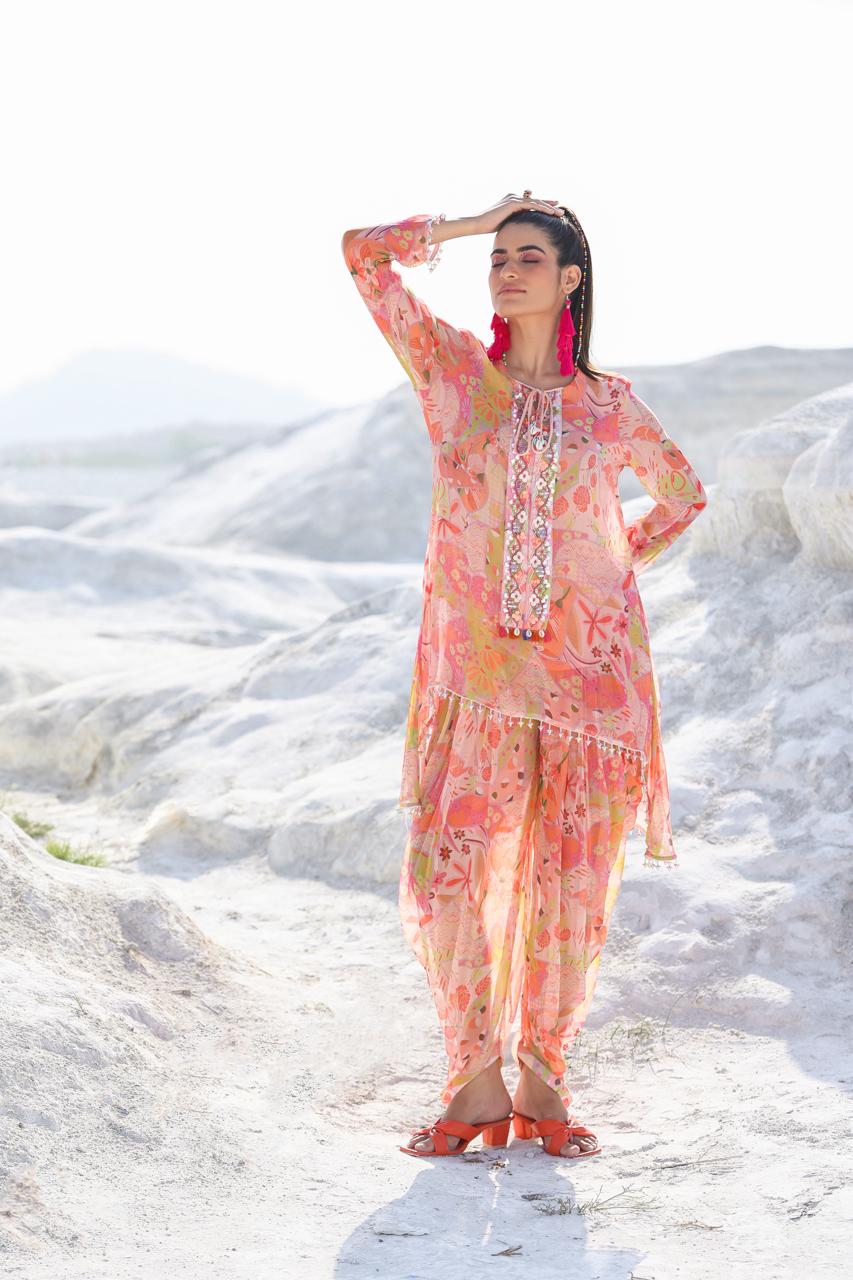 Peach Pure Chiffon Kurti With Tulip Pants