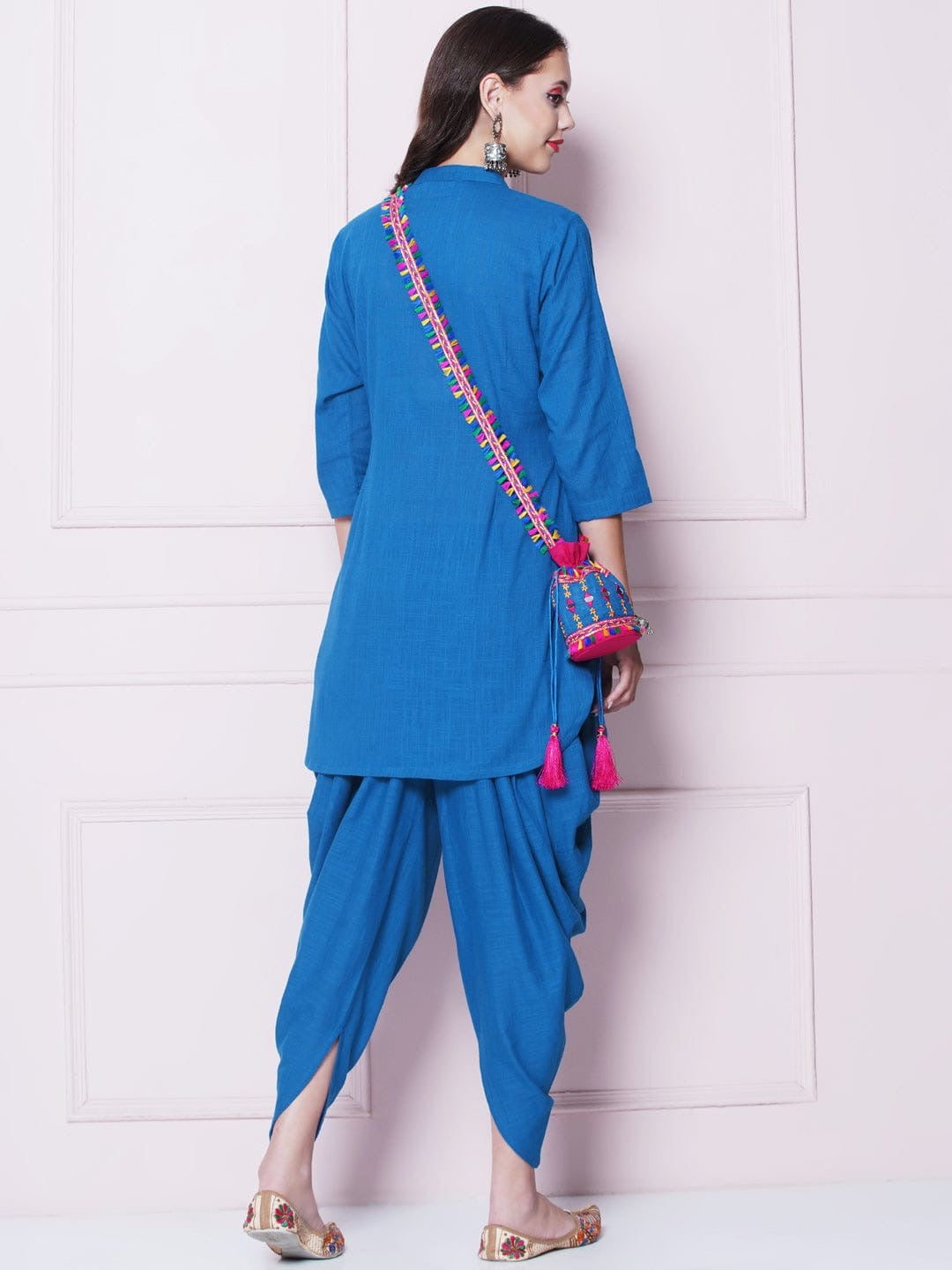 Blue Designer Mirror Work Embroidered Tunic With Dhoti Pants & Sling Potli