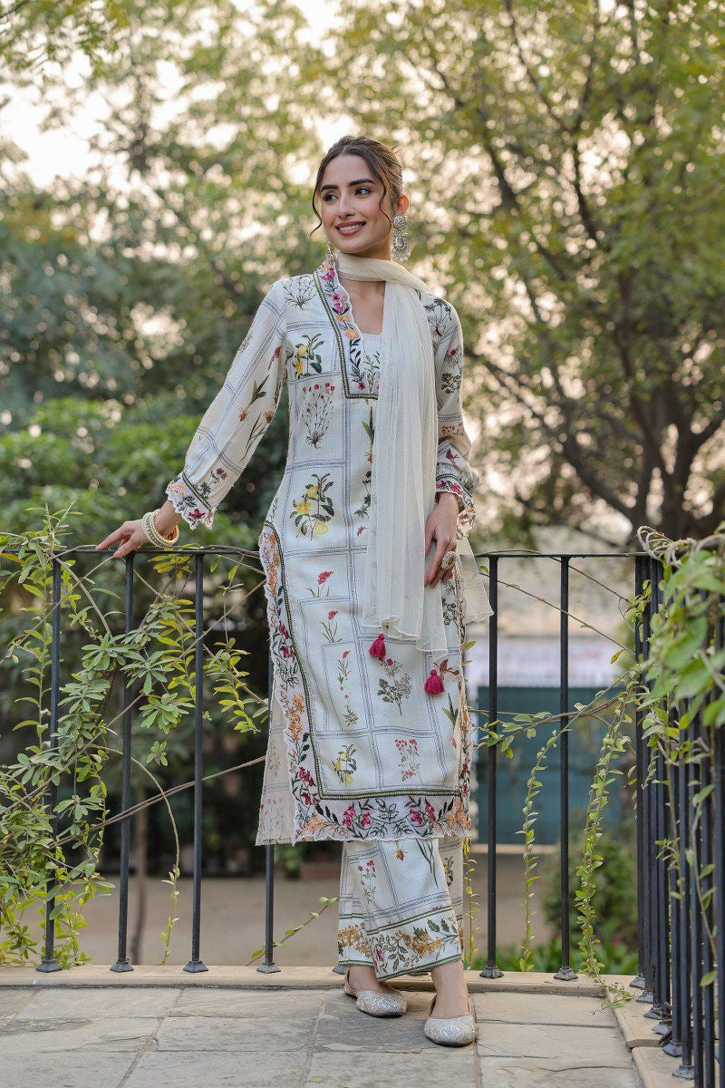 Cotton Linen Kurta Pant Set with Embroidery