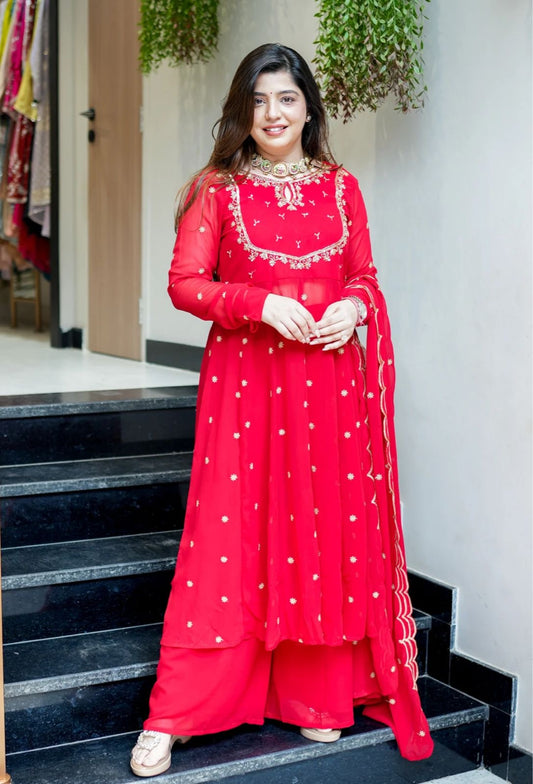Red Designer Partywear Georgette Anarkali Suit With Hand Work