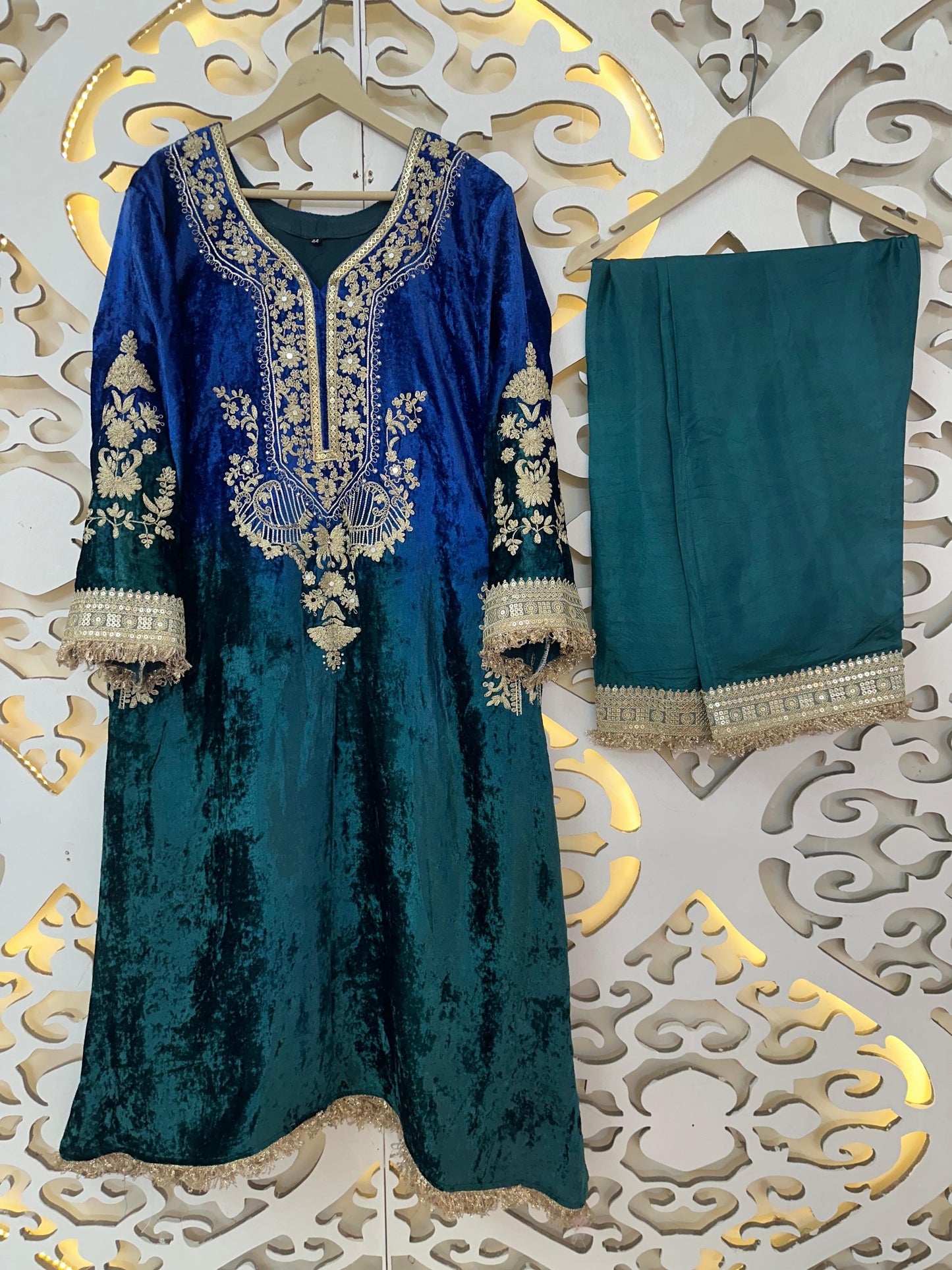 Designer Partywear Premium Dual Shade Velvet Kurta and Pant Set with Dupatta