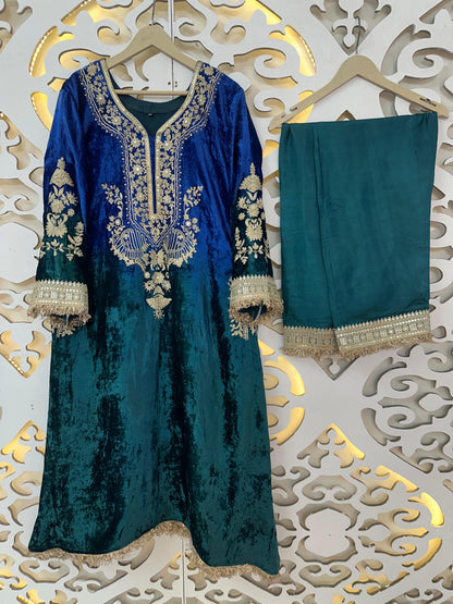 Designer Partywear Premium Dual Shade Velvet Kurta and Pant Set with Dupatta