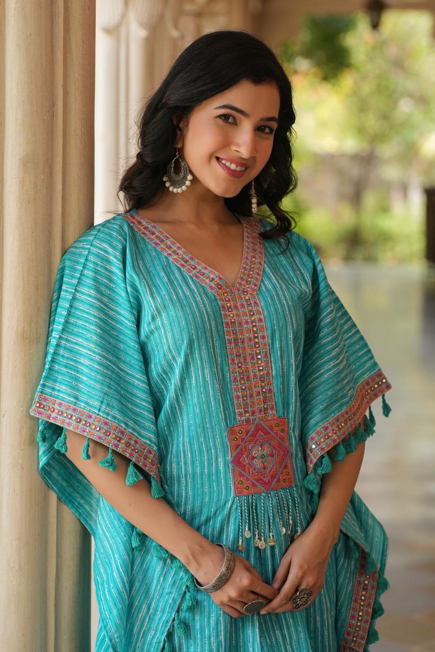 Fine Linen Cotton Embroidered Kaftan Style Coord Set