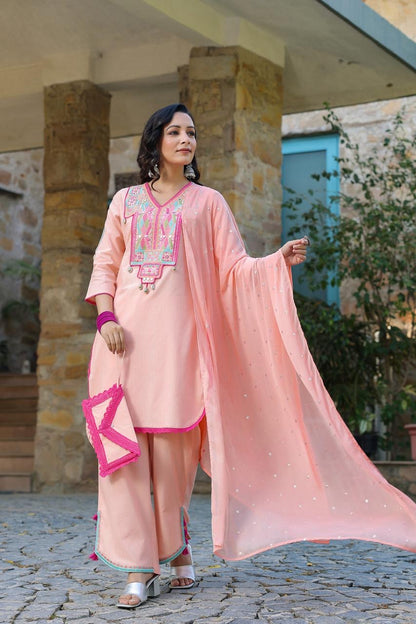 Peach Embroidered Cotton Suit With Complimentary Purse
