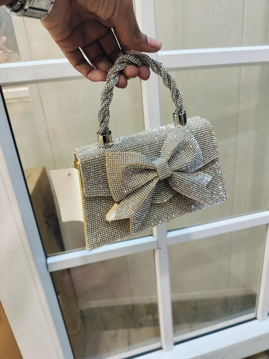 Shiny Silver Rhinestone & Bow Knot Decor Party Evening Bag