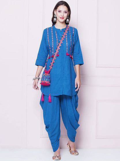 Blue Designer Mirror Work Embroidered Tunic With Dhoti Pants & Sling Potli