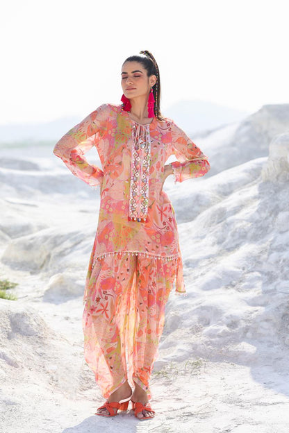 Peach Pure Chiffon Kurti With Tulip Pants