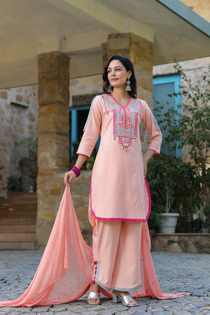 Peach Embroidered Cotton Suit With Complimentary Purse