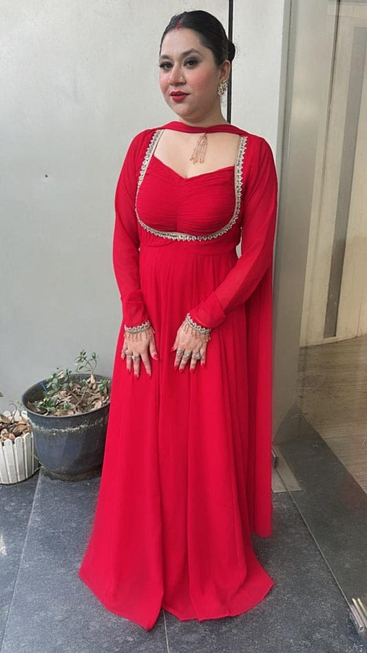 Red Designer Partywear Georgette Anarkali Suit With Lace Detailing & Tassels