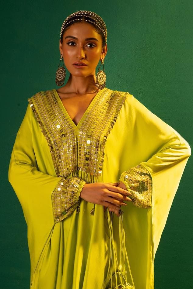 Neon Green Satin Crepe Kaftan Set With Zari Embroidery, Sequins Work And Matching Potli