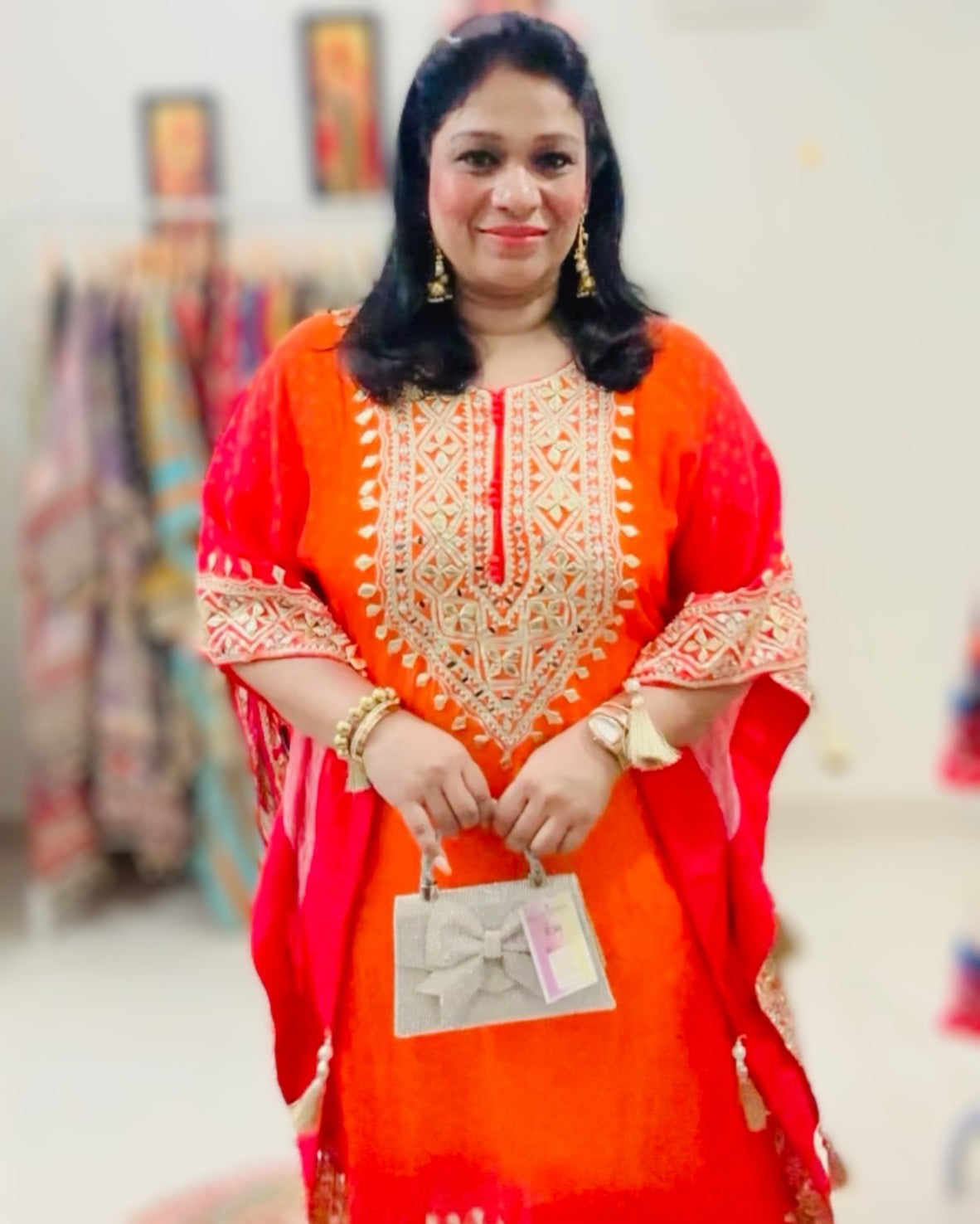 Orange And Red Trending Ombre Heavy Gota Patti And Mirror Work Pure Crepe Kaftan Set