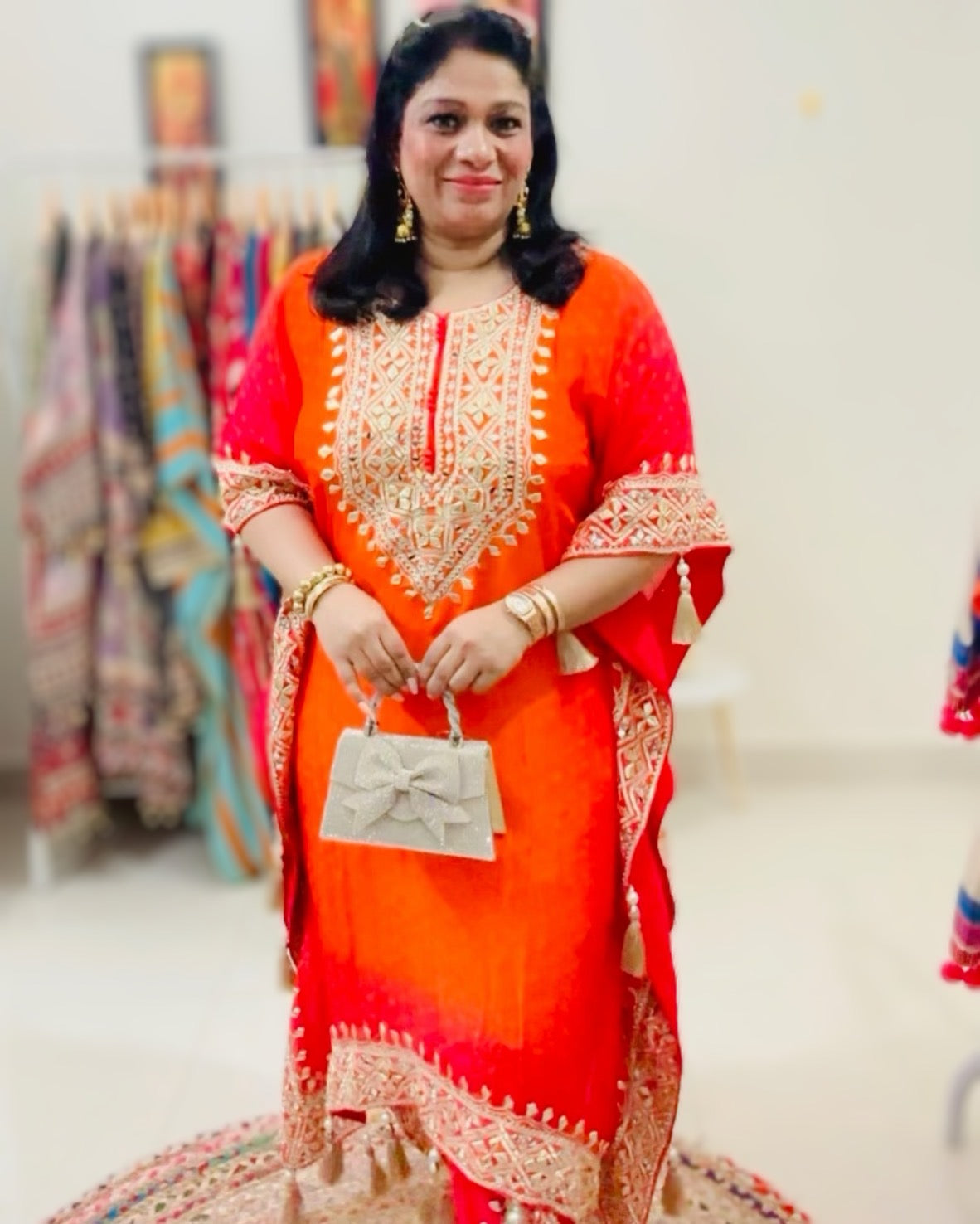 Orange And Red Trending Ombre Heavy Gota Patti And Mirror Work Pure Crepe Kaftan Set