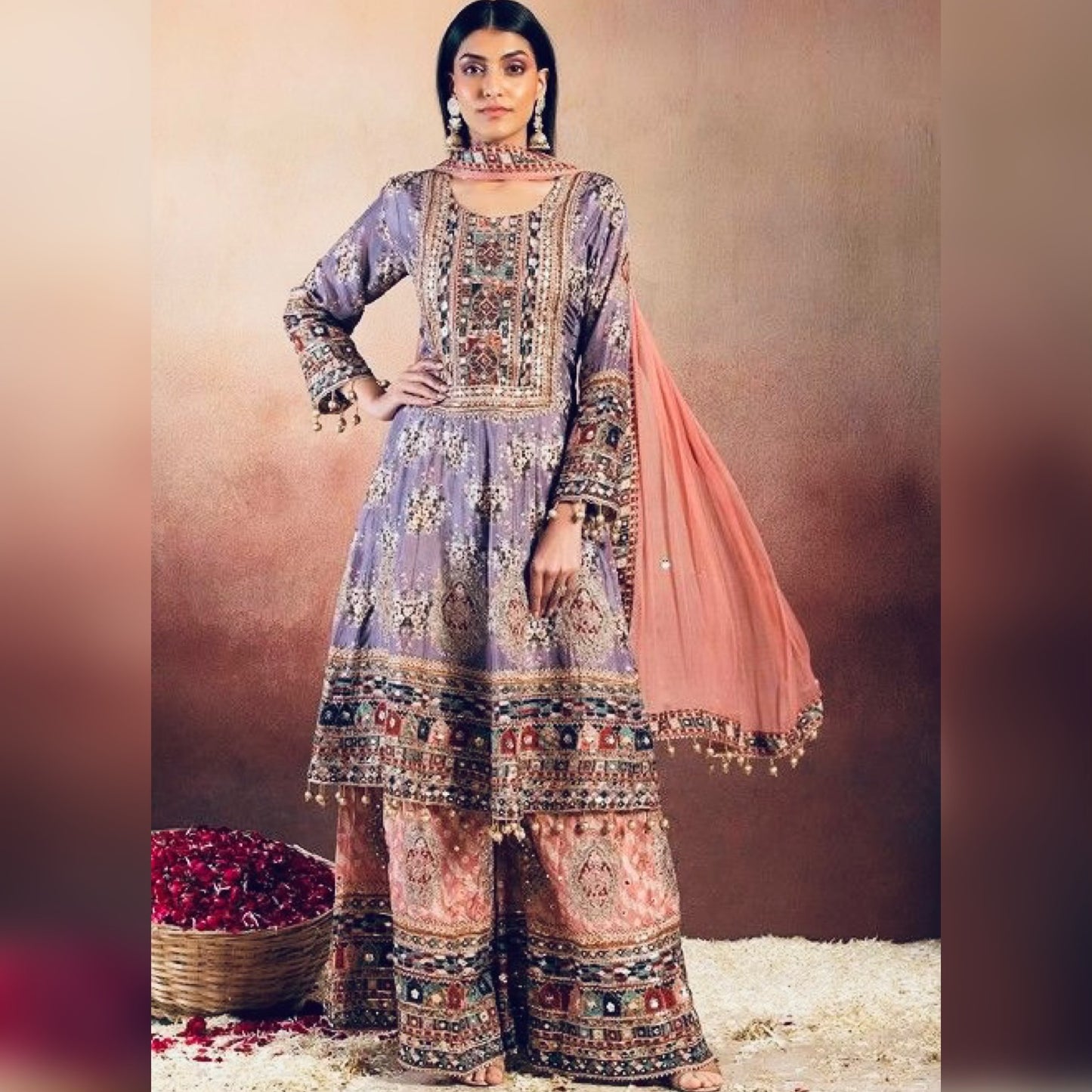 Partywear Lilac printed crepe anarkali kuta & flared plazo with embellishments