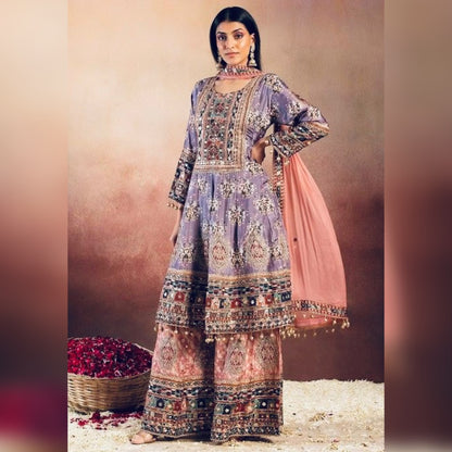 Partywear Lilac printed crepe anarkali kuta & flared plazo with embellishments