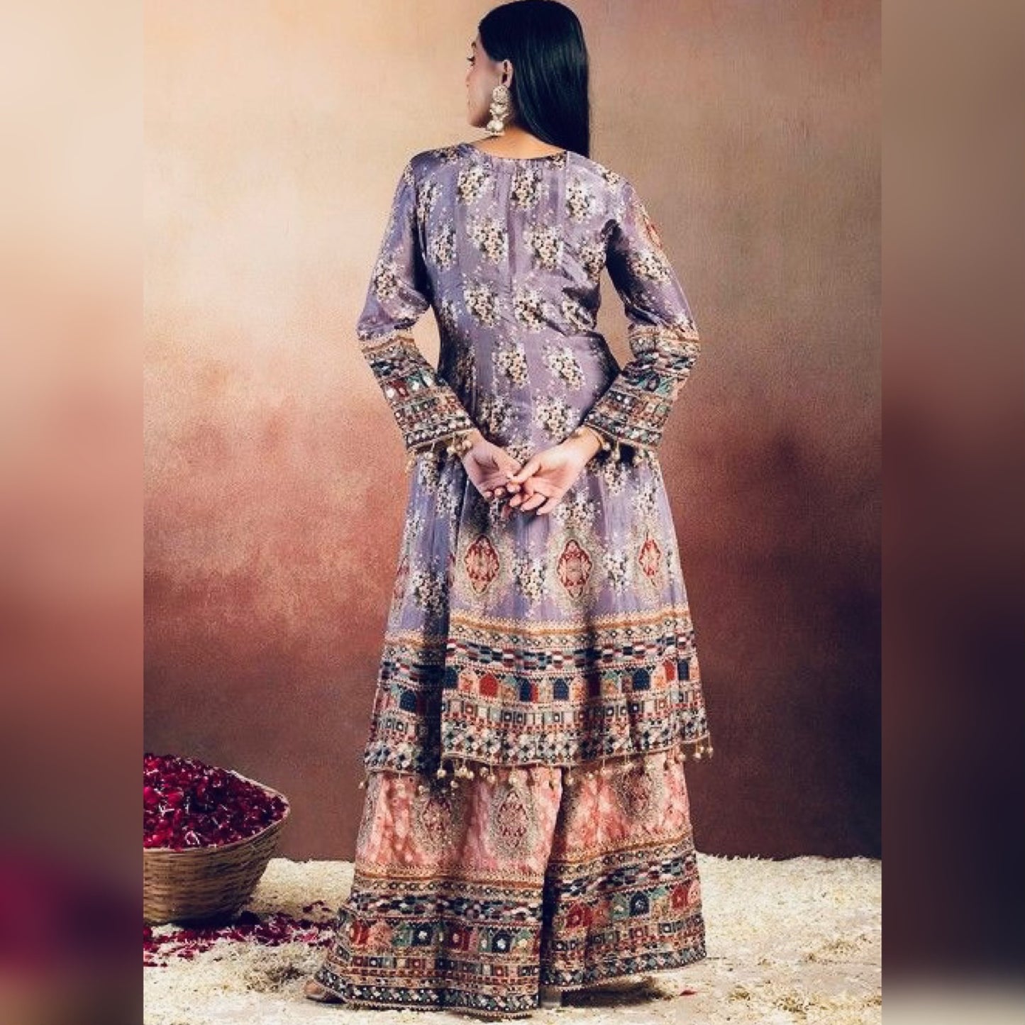 Partywear Lilac printed crepe anarkali kuta & flared plazo with embellishments