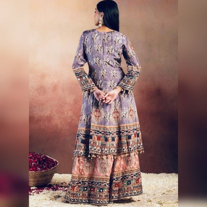 Partywear Lilac printed crepe anarkali kuta & flared plazo with embellishments