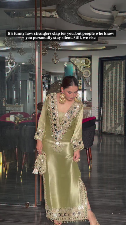 Designer Partywear Pakistani Jalabiya Kaftan Long Dress With Pant and Mirror Work Dupatta